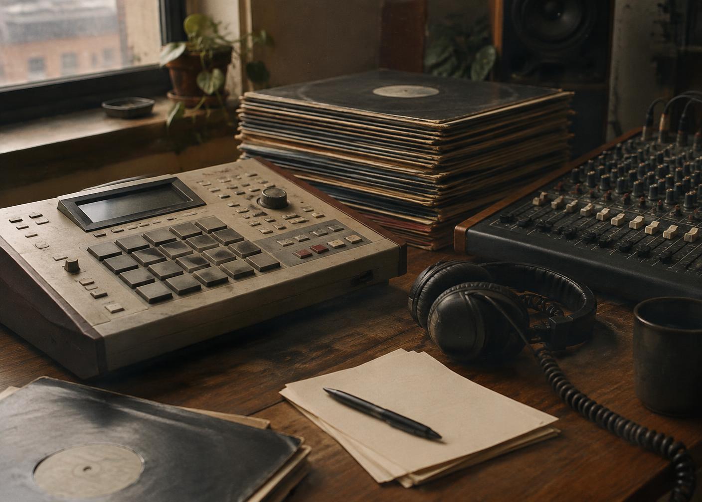 Drum machine, mixer, headphones and a stack of vinyl records on a producer's desk